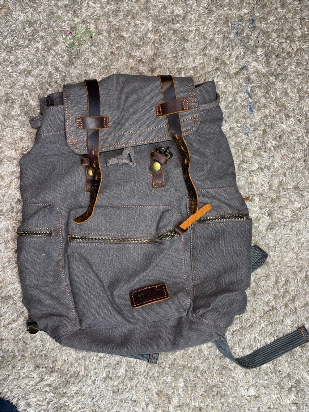 Canvas unisex Backpack with Brown Trim - Gray